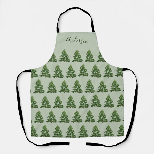Modern minimal green Christmas tree family baking Apron (Front)