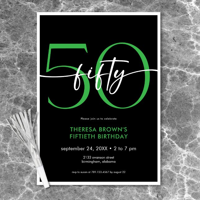 Modern Minimal Green Fifty Script Birthday Invitation (Modern Minimal Green Fifty Script Birthday Invitation)