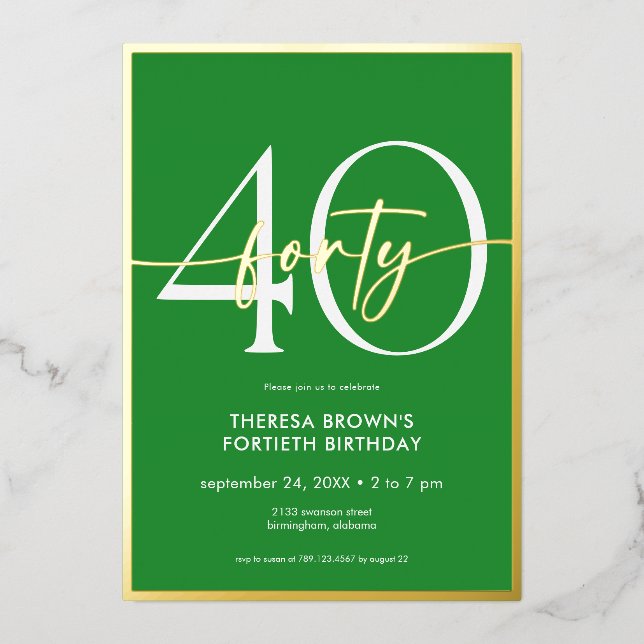 Modern Minimal Green Forty Script Birthday (Front)