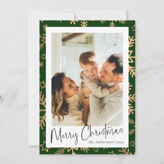 Modern Minimal Green Gold Photo Christmas Holiday Card (Front)