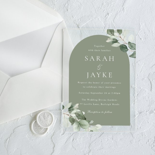 Modern Minimal Green Leaf Sage Arch Wedding Acrylic Invitations (Creator Uploaded)