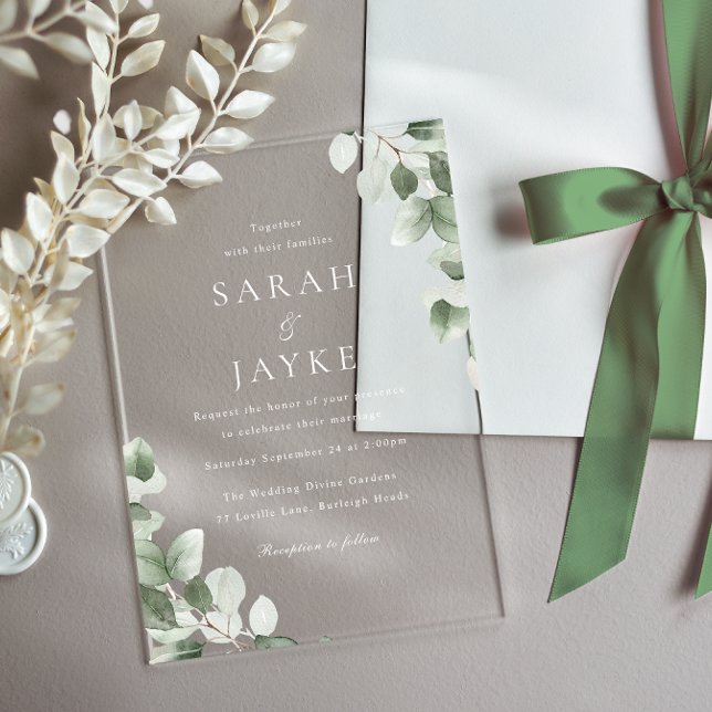 Modern Minimal Green Leaf White Wedding Acrylic Invitations (Creator Uploaded)