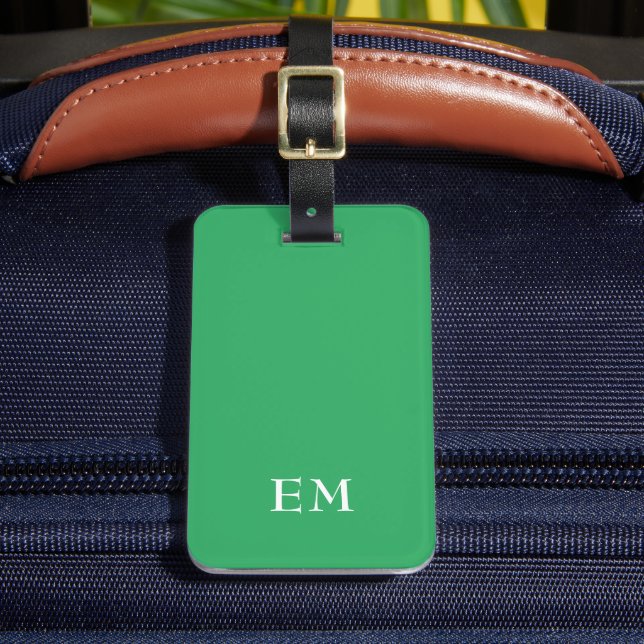 Modern Minimal Green Monogrammed Initials Luggage Tag (Front Insitu 2)