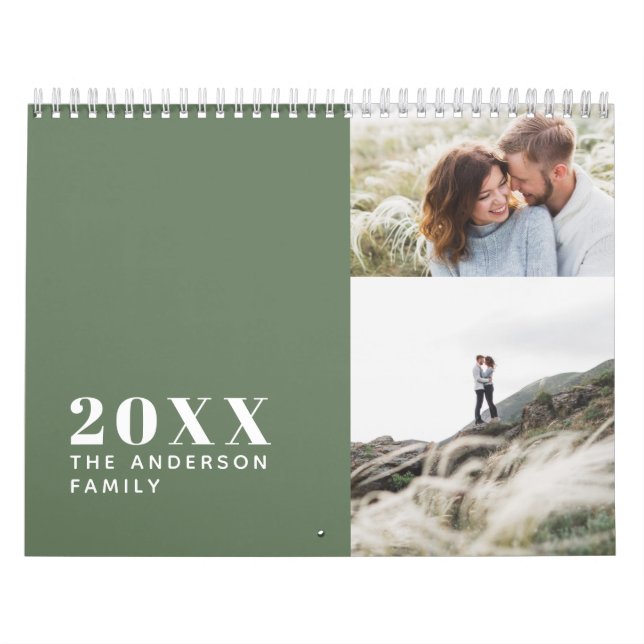 Modern minimal green multi photo family calendar (Cover)