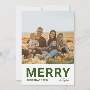 Modern Minimal Green Photo Merry Christmas  Holiday Card