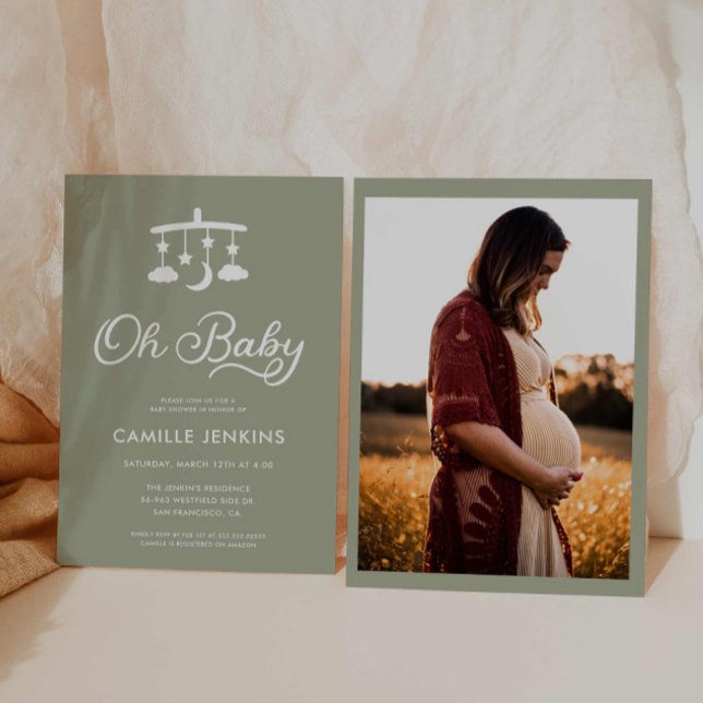 Modern Minimal Green Sage Oh Baby Shower Invitation (Creator Uploaded)