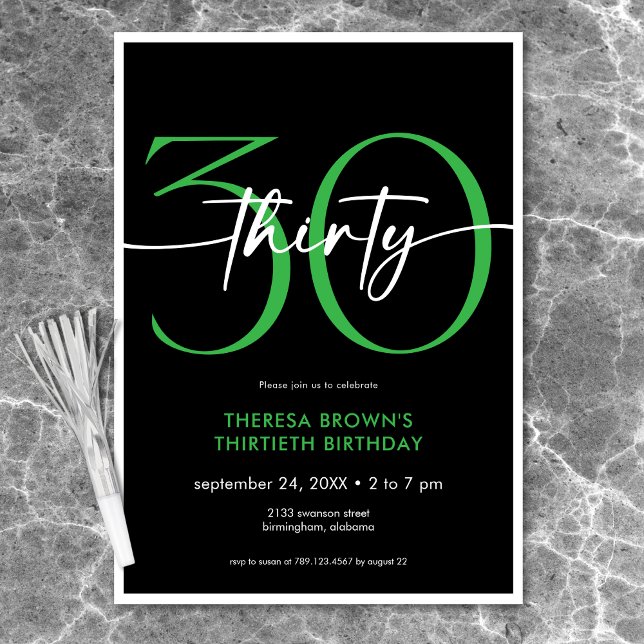 Modern Minimal Green Thirty Script Birthday Invitation (Creator Uploaded)