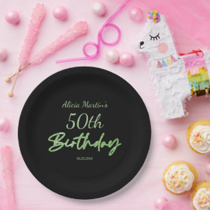 Modern & Minimal Green Typography Black Birthday Paper Plate