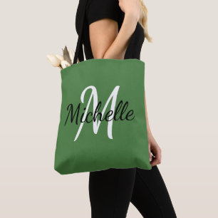 Modern Minimal Green & White Monogram Tote Bag