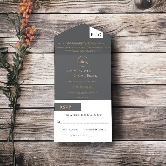 Modern Minimal Grey Gold Monogram Elegant Wedding All In One Invitation (Creator Uploaded)