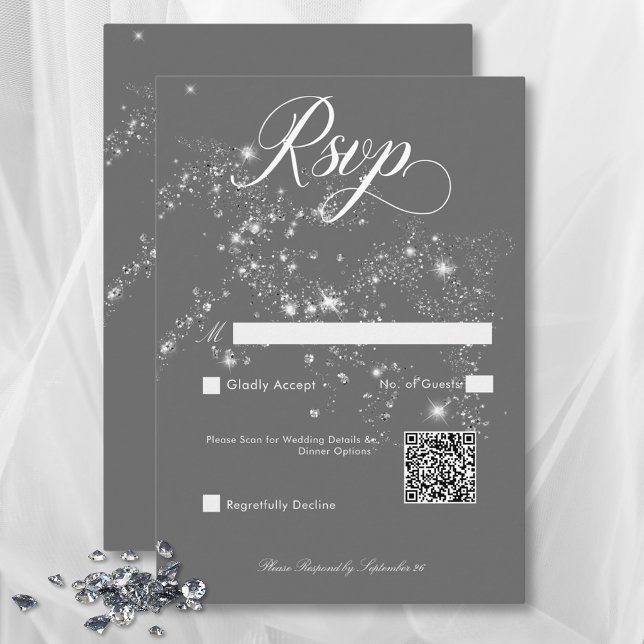 Modern Minimal Grey & White Glam Diamonds QR Code RSVP Card (Modern Minimal Gray & White Glam Diamonds QR Code RSVP Card)