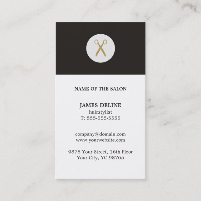 Modern Minimal Grey White Gold Scissor Hairstylist Business Card (Front)