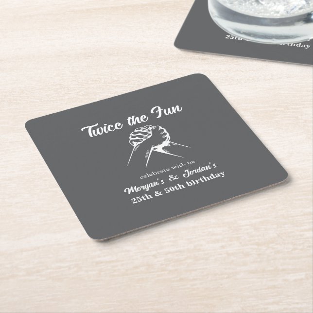 Modern Minimal Hands Grey Joint Birthday Square Paper Coaster (Angled)
