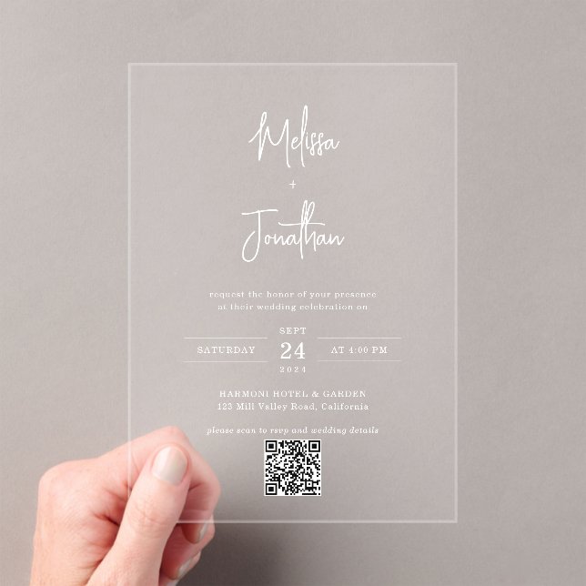Modern Minimal Handwriting Script QR Code Wedding Acrylic Invitations (Insitu (Handheld))
