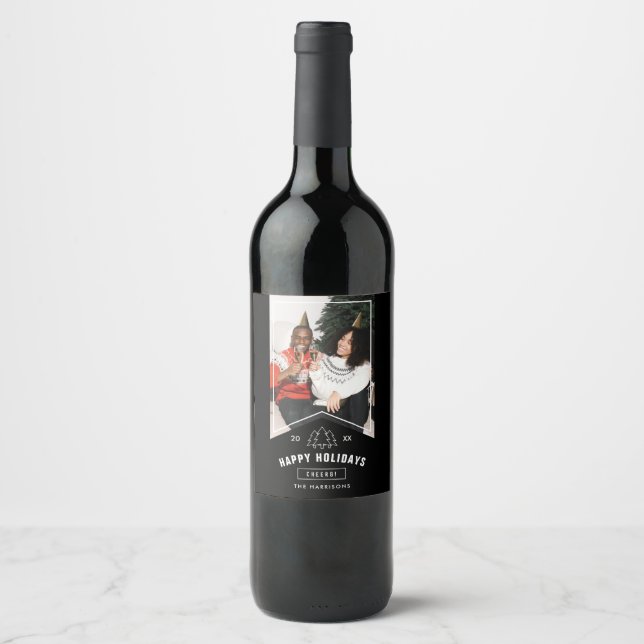 Modern Minimal Happy Holidays Photo Black Ribbon Wine Label (Front)