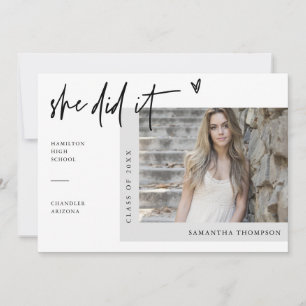 Modern Minimal Heart Photo She Did It Graduation Invitation