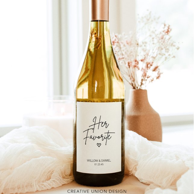 Modern Minimal Her Favourite Wedding Wine Favour Wine Label (Creator Uploaded)