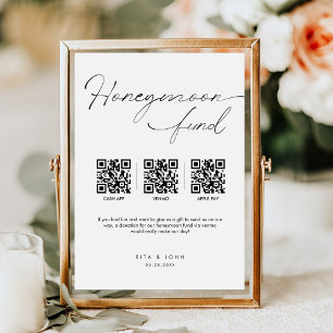 Modern Minimal Honeymoon Fund Cash QR Code Wedding Pedestal Sign