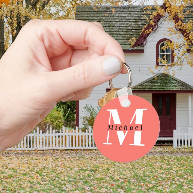 Modern Minimal Initial + Name Coral Monogram Key Ring (Creator Uploaded)