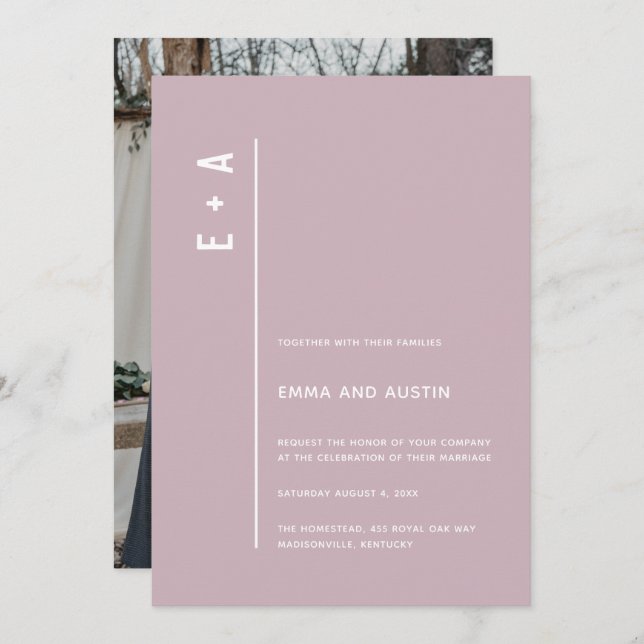 Modern Minimal Initials Pastel Purple Wedding Invitation (Front/Back)