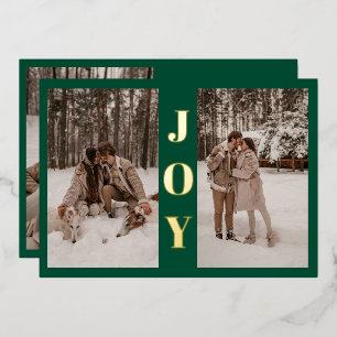 Modern Minimal Joy Christmas Green 3 Photo Foil Holiday Card