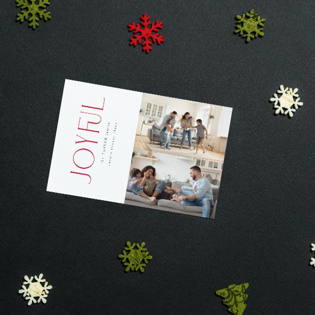Modern Minimal Joyful Red Family 2 Photo Christmas Holiday Card (Spread Joy! Send a Personalized 'Joyful' Holiday Card 📸🎄 [Your Photo Here])