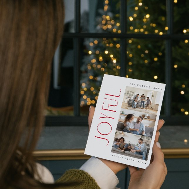 Modern Minimal Joyful Red Family 3 Photo Christmas Holiday Card (Spread Joy! Send a Personalized 'Joyful' Holiday Card 📸🎄 [Your Photo Here])