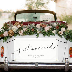 Modern Minimal Just Married Mr and Mrs Wedding Car Banner