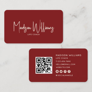 Modern Minimal Life Coach QR Code   Cherry Red Business Card