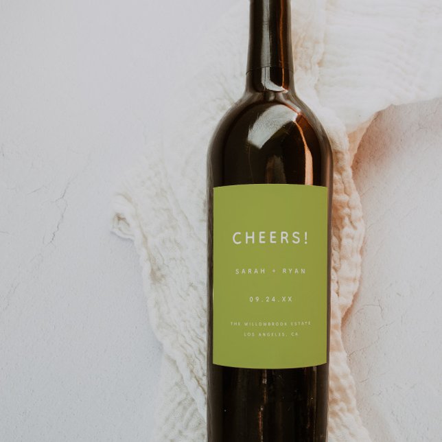 Modern Minimal Lime Green "Cheers!" Wedding Wine Label (Creator Uploaded)