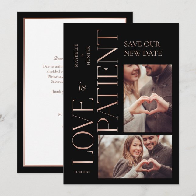 Modern Minimal Love is Patient Rose Gold Photo Save The Date (Front/Back)