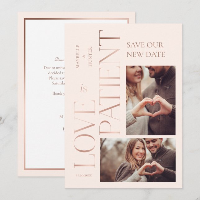 Modern Minimal Love is Patient Rose Gold Photo Save The Date (Front/Back)