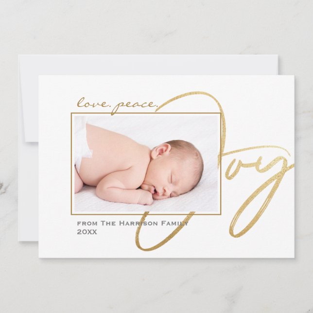 Modern Minimal Love Peace Joy Baby Photo Family Holiday Card (Front)