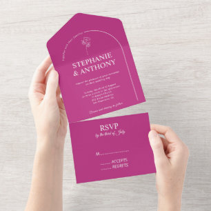 Modern Minimal Magenta Arch Wildflower Wedding All In One Invitation