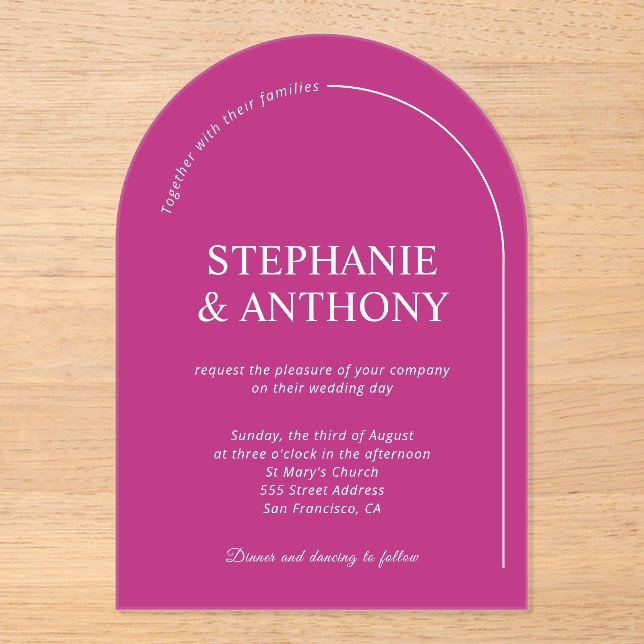 Modern Minimal Magenta with Arch Wedding    Acrylic Invitations (Front)