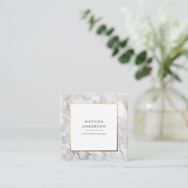 Modern minimal marble and gold geometric square business card (Standing Front)