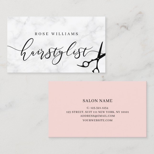 Modern minimal marble & blush pink hairstylist business card (Front/Back)