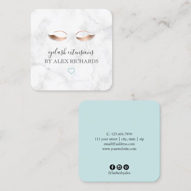 Modern minimal marble rose gold eyelash extensions square business card (Front/Back)