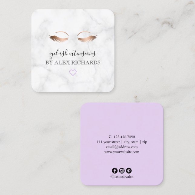 Modern minimal marble rose gold eyelash extensions square business card (Front/Back)