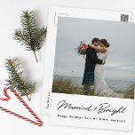 Modern Minimal Married and Bright Newlywed Photo Postcard<br><div class="desc">Custom-designed newlywed Christmas postcards featuring modern black and white hand-lettering design with your personalised holiday greeting message.</div>