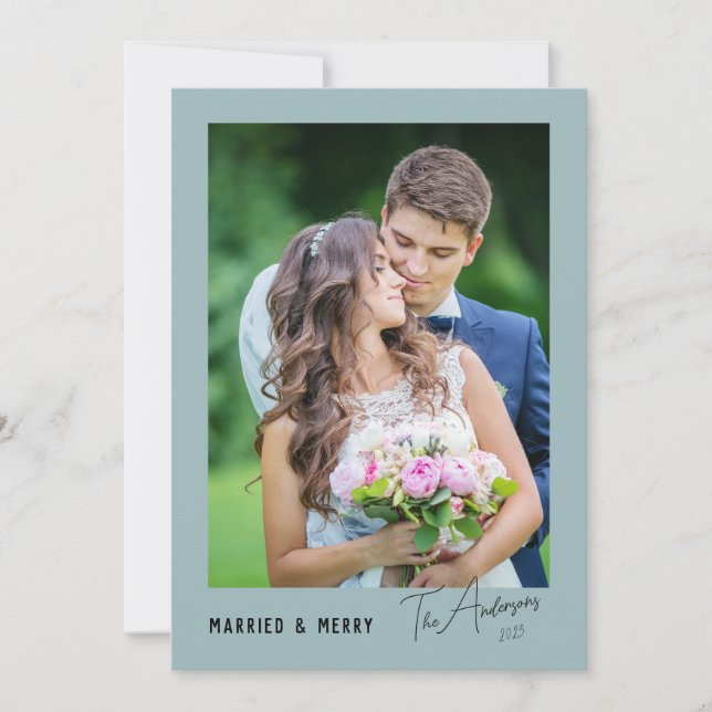 Modern Minimal Married & Merry Newlywed Holiday Card (Front)