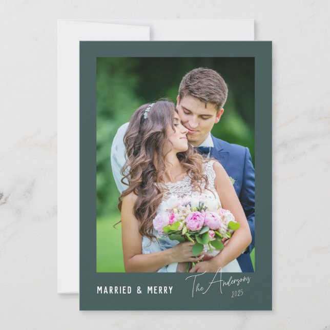 Modern Minimal Married & Merry Newlywed Holiday Card (Front)