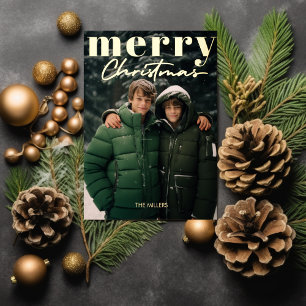 Modern Minimal Merry Christmas 1 Photo Elegant Foil Holiday Postcard