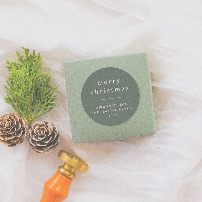 Modern & Minimal Merry Christmas Family Name Green Classic Round Sticker (Creator Uploaded)