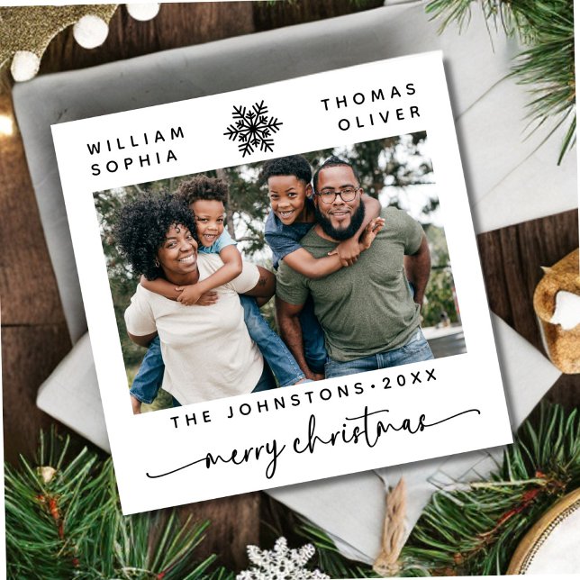 Modern Minimal Merry Christmas Family Names Photo Holiday Card (Creator Uploaded)