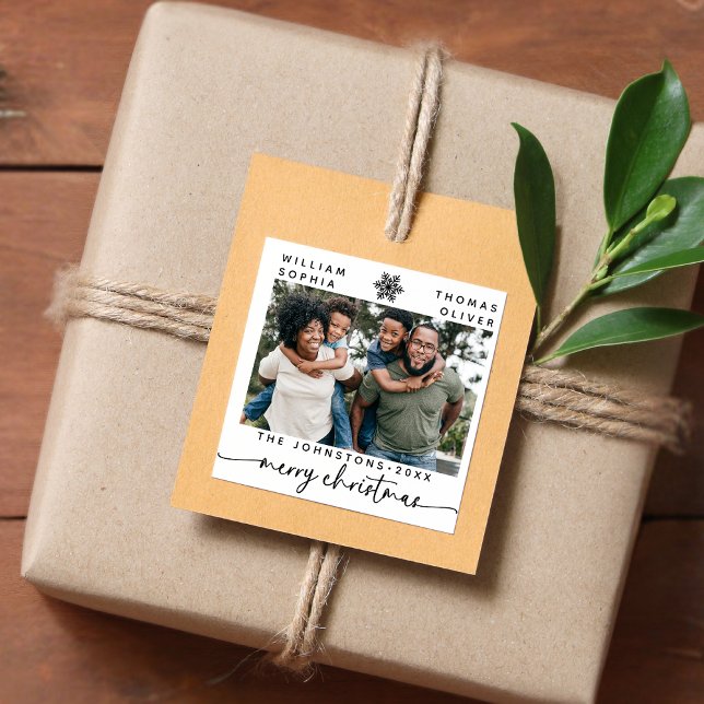 Modern Minimal Merry Christmas Family Names Photo Square Sticker (Creator Uploaded)