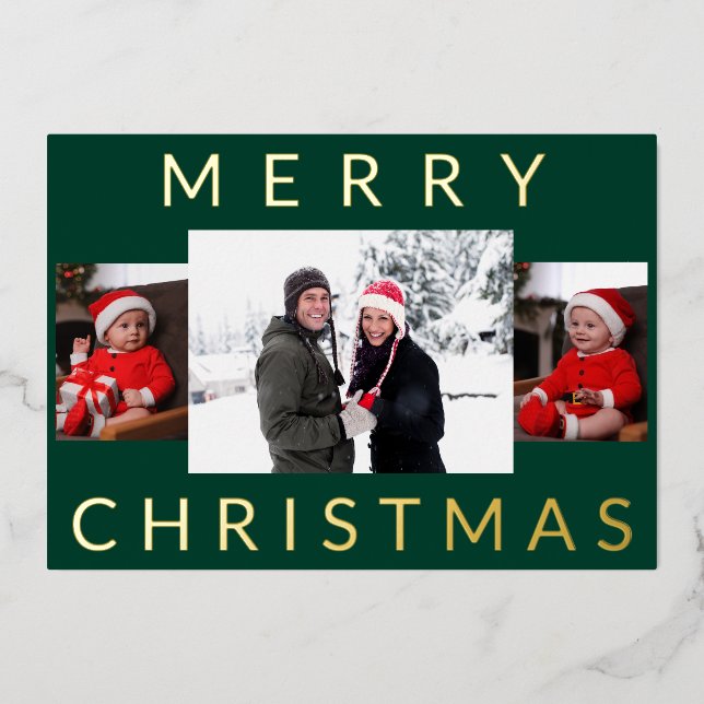 Modern Minimal Merry Christmas Family Photo, Green Foil Holiday Card (Front)