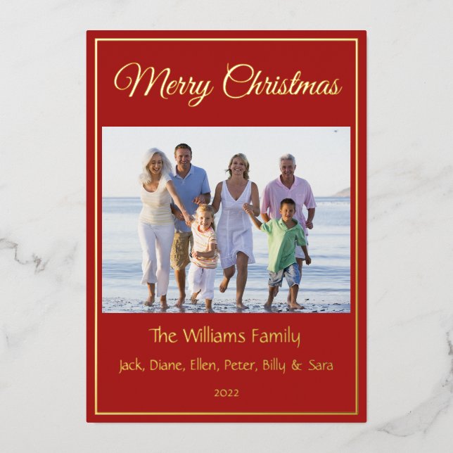 Modern Minimal Merry Christmas Family Photo Real Foil Holiday Card (Front)