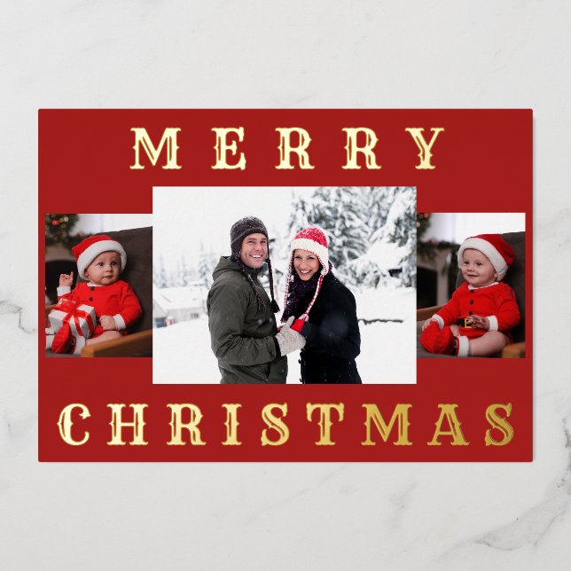 Modern Minimal Merry Christmas Family Photo Red Foil Holiday Card (Front)