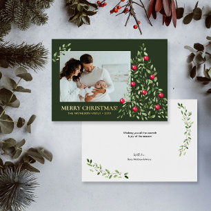 Modern Minimal Merry Christmas Foliage Green Gold Foil Holiday Card